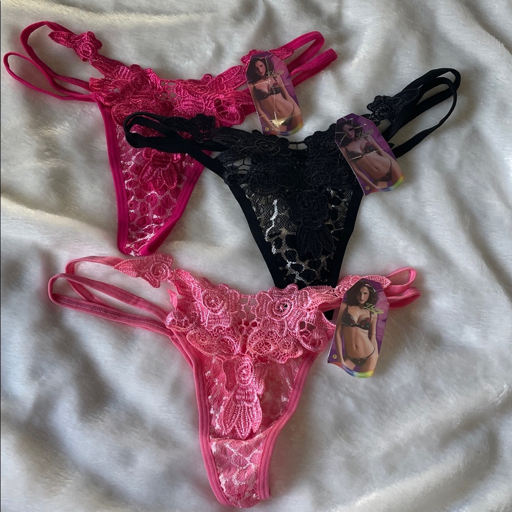 Lace Thong Set in Pink and Black